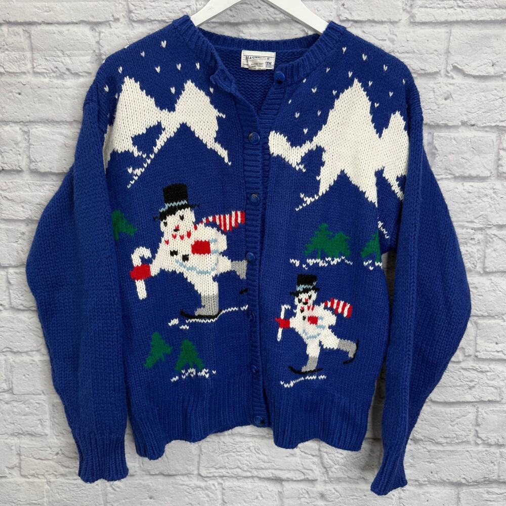 Vintage Hasting & Smith Cardigan Sweater Christmas Blue Snowman Size M Stocking